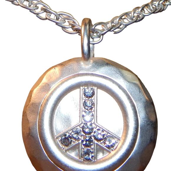 Hammered & Rhinestone Peace Necklace & Earring Set - Picture 3 of 8